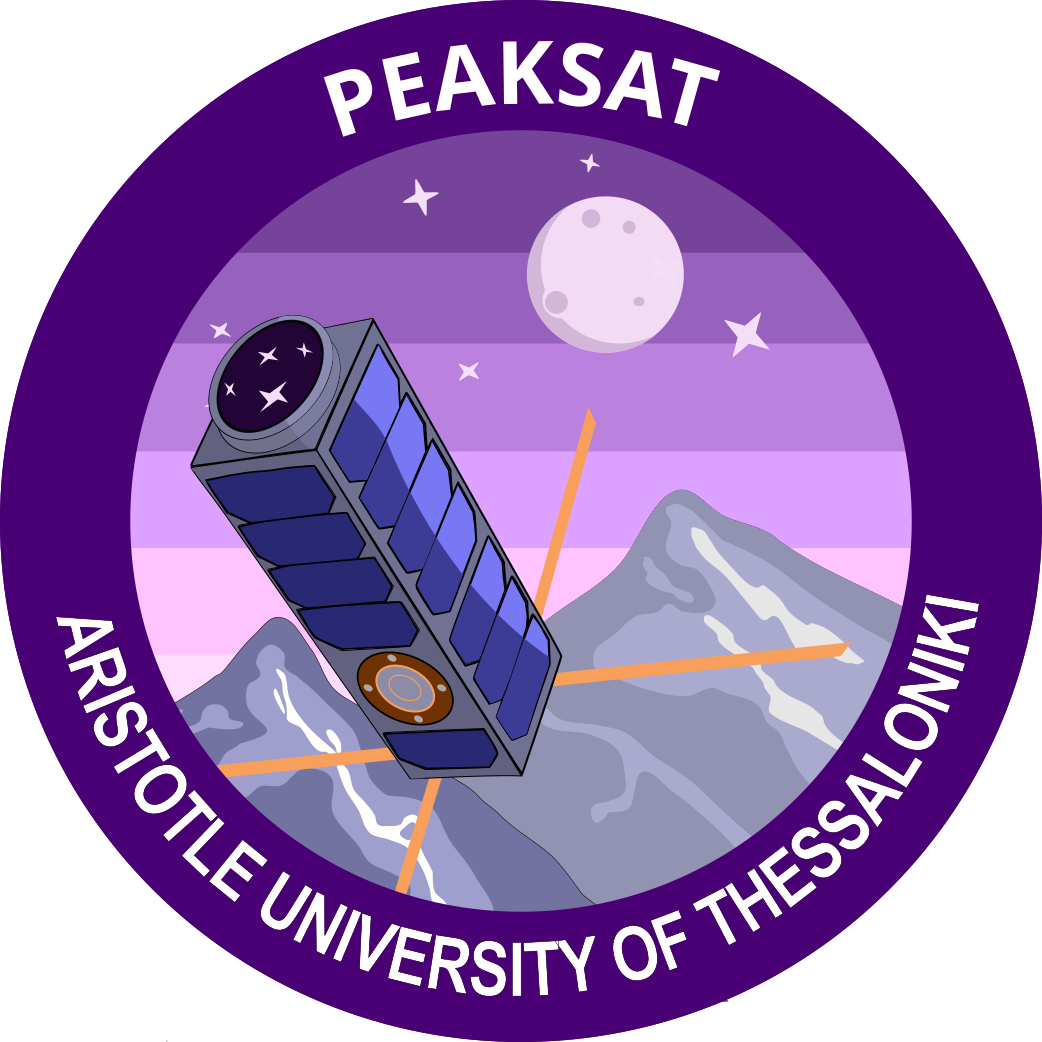 The patch of the PeakSat satellite, including the words "Aristotle University of Thessaloniki"